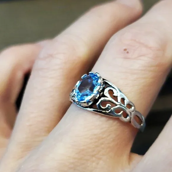 Size 9.25 925 Sterling Silver Blue Paste Gemstone Fancy Ring - Picture 2 of 7